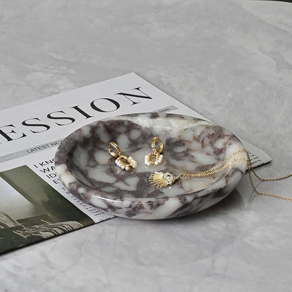 ZSHAWN Natural Marble Ring Dish Jewelry Tray – 5.5" Trinket Dish for Rings Earrings Necklace, Scratch-Resistant Vanity Organizer, Elegant Gift for Women (Calacatta Viola)