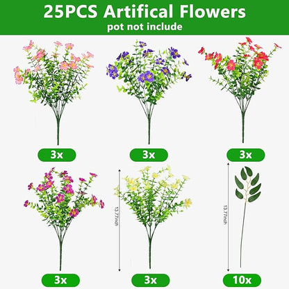 Artificial Faux Plants Flowers Outdoor Decoration,16 Bundles Fake Silk Colorful Daisy Eucalyptus Realistic UV Resistant for Outside Home Planter Porch Patio Yard Decor (red, white, pink,purple, green)