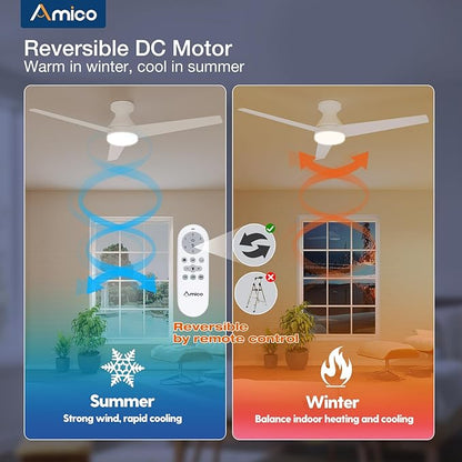 Amico Ceiling Fans with Lights, 52 inch Low Profile Ceiling fan with Light and Remote Control, Flush Mount, Reversible, 3CCT, Dimmable, Noiseless, Nickel Ceiling Fan for Bedroom, Indoor/Outdoor Use
