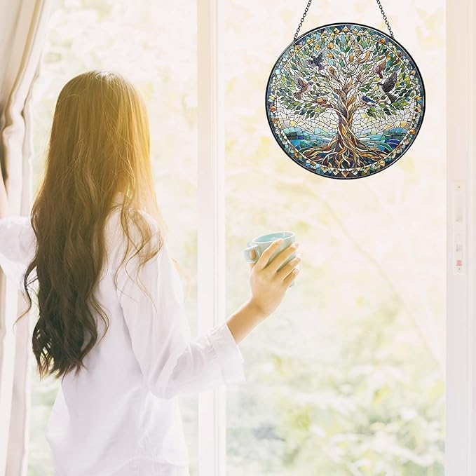 Tree of Life with Birds Sun Catcher RVEAFA Stained Glass Window Hanging Birds Lover Gifts for Women Wall Decor Handmade Sun Catcher Decoration for Garden Home Housewarming Gifts（20 * 20cm