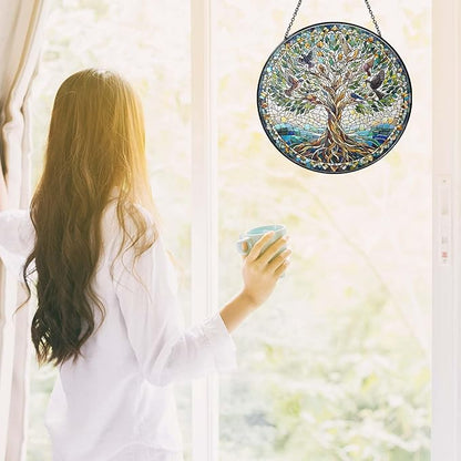 Tree of Life with Birds Sun Catcher RVEAFA Stained Glass Window Hanging Birds Lover Gifts for Women Wall Decor Handmade Sun Catcher Decoration for Garden Home Housewarming Gifts（20 * 20cm