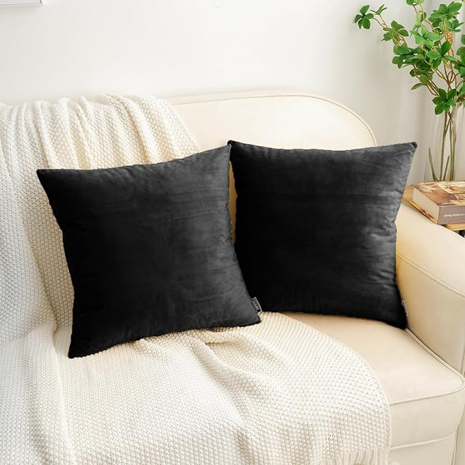 HWY 50 Black Velvet Throw Pillow Covers 18x18 Inch, Pack of 2 Soft Cozy Solid Decorative Luxury Cushion Cases for Couch Sofa Bed Living Room Bedroom