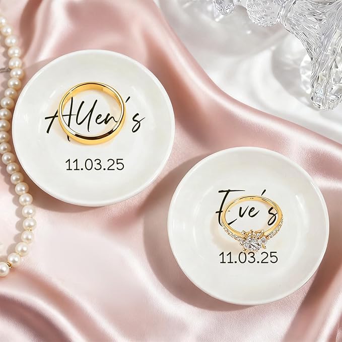 Personalized Mr and Mrs Ring Dish, Custom Ceramic Jewelry Dish, Holder Ring Holder for Friends,Birthday Mother's Day Christmas New Year Gift, Engrave Names, Dates or Special Messages 2.6 Inches, 2PCS