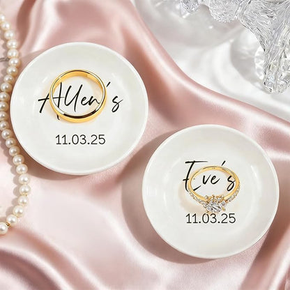 Personalized Mr and Mrs Ring Dish, Custom Ceramic Jewelry Dish, Holder Ring Holder for Friends,Birthday Mother's Day Christmas New Year Gift, Engrave Names, Dates or Special Messages 2.6 Inches, 2PCS