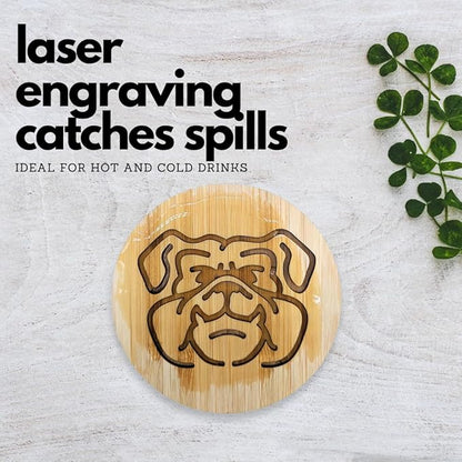 Set of 6 Bamboo Laser-Engraved Fun Dog Coasters with Iron Holder - Gift Packaging 3.9 Inch Non-Stick Absorbent Durable and Unbreakable Wooden Cup Coasters for Dog Lovers (Bulldog)