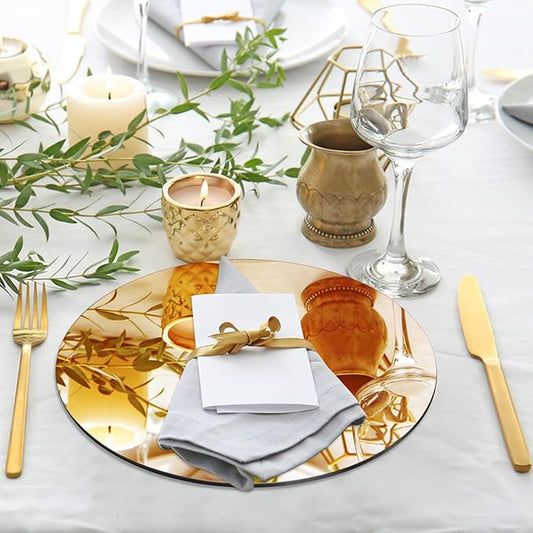 VASUHOME 12" Gold Mirror Centerpieces for Tables, Round Mirror Plates Set for Candle, Wedding, Party Decorations, Circle Mirror Trays with Smooth Edge and Cushioned Feet, 2mm Thick