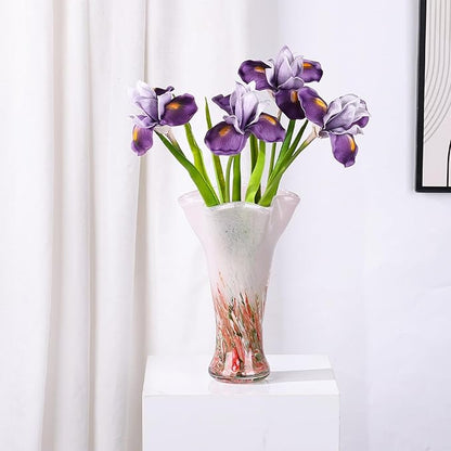 9.0" H Pink Glass Vases for Flowers, Hand Blow Glass Vase Pink Home Decor, Wide Mouth Red Flower Vase Centerpieces, for Bookshelf,Dinner Table,Indoor Office Desktop,Meeting Room,Bathroom,Countertop