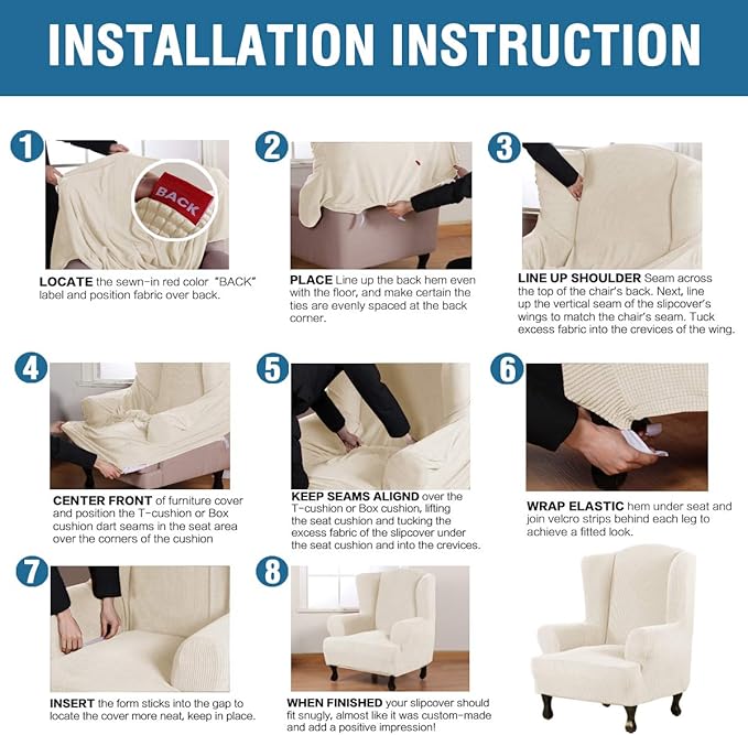 H.VERSAILTEX Wing Chair Slipcover Chair Covers for Wingback Chairs Wingback Chair Covers Slipcovers 1 Piece Stretch Sofa Cover Furniture Protector Soft Spandex Jacquard Checked Pattern, Natural