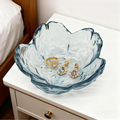 Flower Ring Dish Jewelry Tray, Glass Jewelry Dish Tray, Aesthetic Room Decor Small Trinket Dish, Nightstand Jewlery Ring Holder Dish, Bathroom Jewelry Plate Bowl for Rings Earrings Wife Gift (Blue)