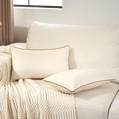 Aeckself Pack of 2 Cream White Velvet Lumbar Pillow Covers, Modern Luxury Decorative Pillowcase with Gold Trim Edge, Comfortable Soft Solid Cushion Case for Couch Bedroom Living Room 12 x 20 Inch