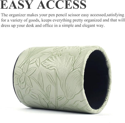 PU Leather Pen Holder Round Flash Makeup Brush Holder Desktop Pencil Storage Holder Gift for Desk Office Classroom Home(1-Carved Green)