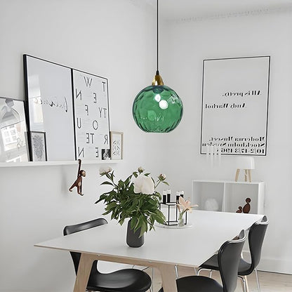 15cm/5.9’’ Industrial Vintage Spherical Glass Pendant Light, E26 Ceiling Hanging Lamp, Gold Finish & Ripple Glass Globe Shade, Dining Room Bedroom Chandelier (Green)