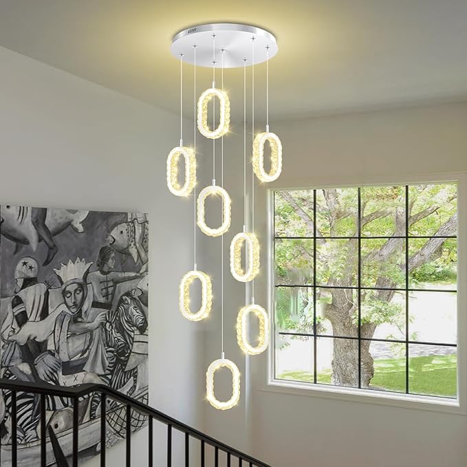Silver 8-Ring Crystal Chandelier for Foyer Stairwell High Ceiling Chandelier Dimmable Oval Crystal Ring Pendant Light