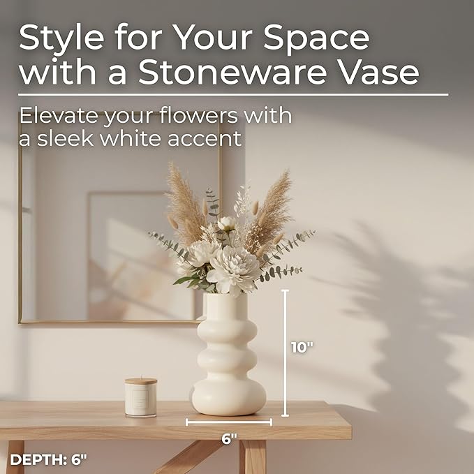 Sagebrook Home Stoneware Decorative Vase - Modern Sculptural Dolomite Flower Holder for Home & Office - 10" Ivory