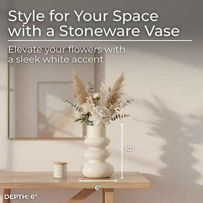 Sagebrook Home Stoneware Decorative Vase - Modern Sculptural Dolomite Flower Holder for Home & Office - 10" Ivory
