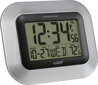 La Crosse Technology WT-8005U-S Atomic Digital Wall Clock with Indoor Temperature, Silver