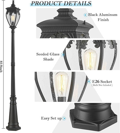 Outdoor Post Lights for Street Lamp with Glass Panels, Aluminum Waterproof Outside Lamp Post Light Fixture Outdoor Pole Lights for Yard, Backyard, Garden, Driveway