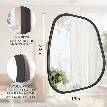 Black Asymmetrical Wall Mirror Large 20"x16" Irregular Oval Mirror Modern Wood Frame Unique Shape Wall Mounted Vanity Artistic Mirrors Decorative for Living Room Bedroom Bathroom Hallway