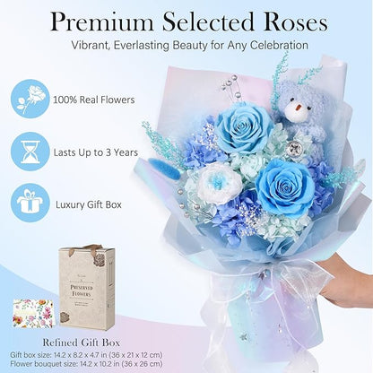 Preserved Flowers Bouquet with Bear, Real Forever Flowers for Delivery, Long-Lasting Blue Eteranl Roses Bouquet, Anniversary Birthday Valentine Gifts for Women Men Mom Grandma Her Wife Girlfriend