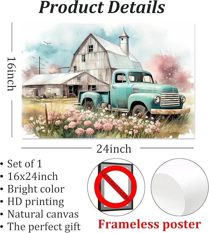 Blue Truck Poster Rustic Landscape Painting Farmhouse Tractor Wall Art Country House Painting Farmhouse Barn Picture Old Tractor Canvas Wall Art Old Barn Poster Blue Farmhouses Picture 16x24in No Frame