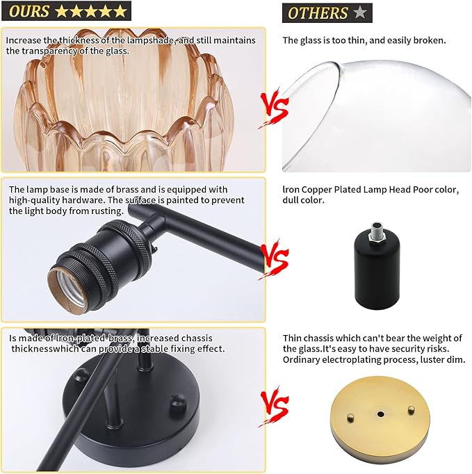 Bathroom Light Fixtures, 3-Light Black Vanity Wall Light Over Mirror with Amber Tulip Glass Shade for Bedroom Living Room (Bulb Not Included)