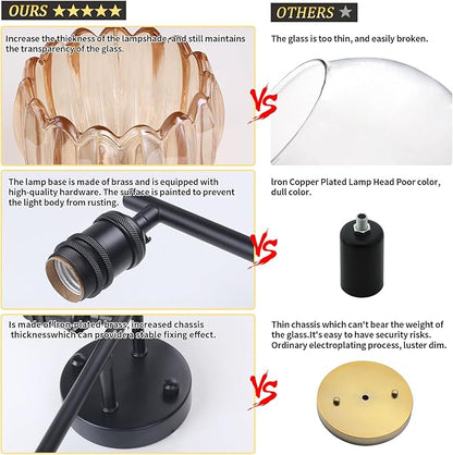 Bathroom Light Fixtures, 3-Light Black Vanity Wall Light Over Mirror with Amber Tulip Glass Shade for Bedroom Living Room (Bulb Not Included)