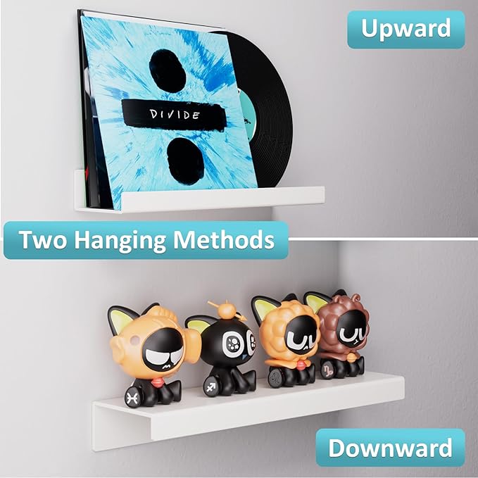 Albumgit 4 Pack Acrylic Shelves for Wall Storage, Self-Adhesive 15" White Floating Shelf for Pop Figures, Picture, Perfume, Books, Wall Shelf Organizer for Bathroom, Living Room, Bedroom, Kitchen