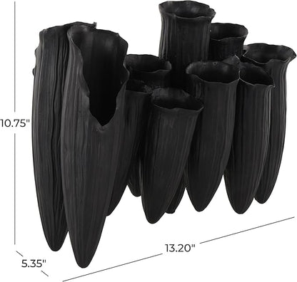 Deco 79 Ceramic Abstract Decorative Vase Floral Inspired 10 Openings Centerpiece Vase with Linear Grooves, Flower Vase for Home Decoration 13" x 5" x 11", Black