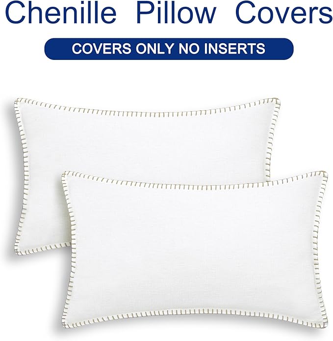 CaliTime Throw Pillow Covers Decorative 12 X 20 Inches Pack of 2 Cotton Thread Stitching Edges Solid Dyed Soft Chenille Cushion Cases for Couch Sofa Bed Living Room Farmhouse True White