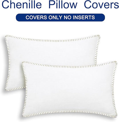 CaliTime Throw Pillow Covers Decorative 12 X 20 Inches Pack of 2 Cotton Thread Stitching Edges Solid Dyed Soft Chenille Cushion Cases for Couch Sofa Bed Living Room Farmhouse True White