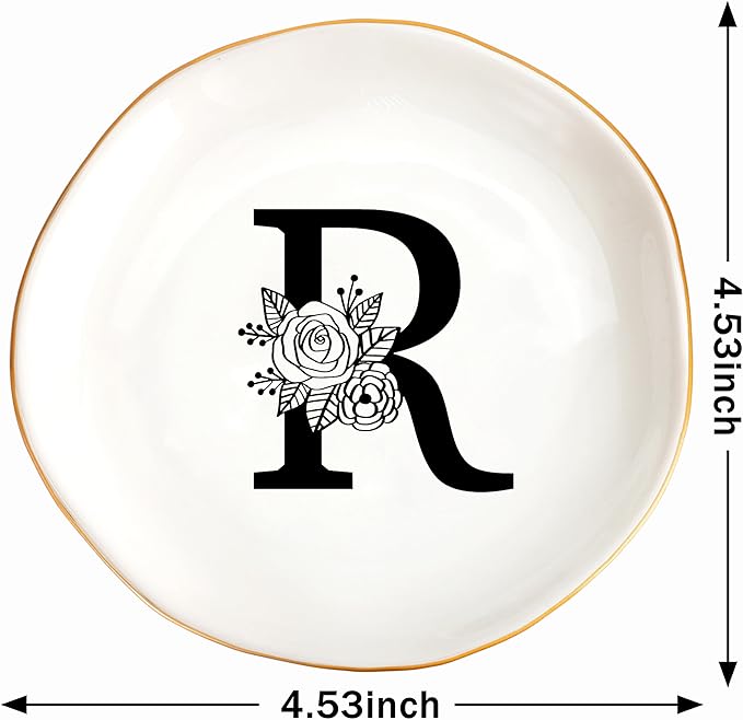 JoycuFF Initial R Ceramic Jewelry Tray, Bridesmaid Bride Gifts, Mothers Day Christmas Anniversary Engagement Birthday Gifts for Women Couples, Trinket Dish for Rings Earrings Necklaces Bracelets Keys