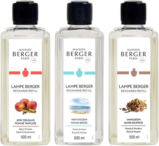 MAISON BERGER - Trio - New Orleans, Charleston and Ocean Breeze - Lampe Berger Fragrance Refill for Home Fragrance Oil Diffuser - Air Freshener - 2 x 16.9 Fluid Ounces - 500 milliliters