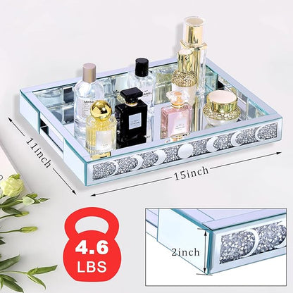 Crush Diamond Mirror Perfume Tray, Silver Glass Mirror Trays for Vanity, Table Trays Decorative, Moon Phase Pattern Vanity Trays for Bedroom Dresser Bathroom(15”x11”x2”)