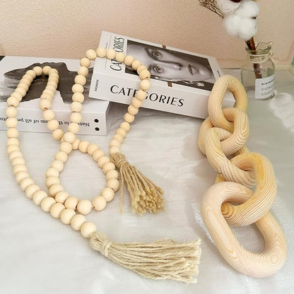 2 Pieces Decorative 5 Link Wooden Chain Decor and Bead Boho Farmhouse Rustic Home Table Decor Coffee Table Shelf Aesthetic Modern Bookshelf Table Wooden Decortion (Natural)