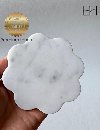 Marble Coasters Set of 4 - Natural Stone Coaster for Drinks, Modern Cup Holders, Bar Coffee Table Desk Decor, Cool Home Decor 4" (Calacatta White, Scalloped Round)