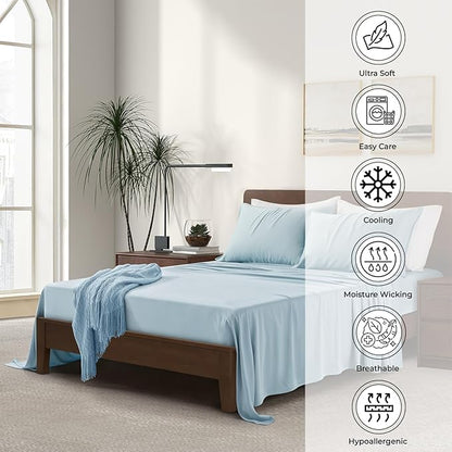 Luxury Bamboo Market | Queen Size Bed Sheet Set | 100% Viscose Made from Bamboo | Organically Grown | Ultra Soft | Cooling Sheets for Hot Sleepers | 17" Deep Pocket [Spa Blue]