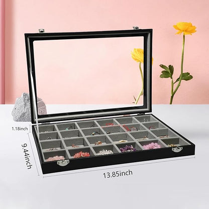 Stratalife Earring Organizer Velvet Jewelry Organizer Box 24 Grid Earring Tray Jewelry Display Jewelry Storage Jewelry Trays For Drawers Jewelry Display Case With Clasp (Gray Black)