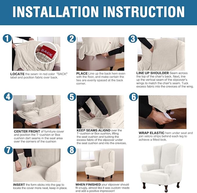 H.VERSAILTEX Wing Chair Slipcover Chair Covers for Wingback Chairs Wingback Chair Covers Slipcovers 1 Piece Stretch Sofa Cover Furniture Protector Soft Spandex Jacquard Checked Pattern, Ivory