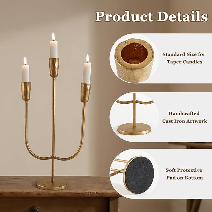 Cast Iron Candelabra for 3 Candles, Brass Candlestick Holder Vintage Taper Candle Holder Tall Antique Gold Candle Stand Table Centerpiece Mantlepiece Decor for Wedding Housewarming Christmas