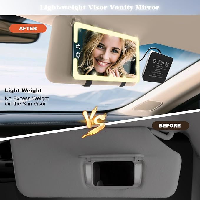 Upgraded Large Led Car Vanity Mirror with Solar&USB-C Charging,10" Sun Visor Mirror with 3-Color Dimmable Rechargeable LED Lights,Car Makeup Mirrors with Secure Reinforced Flexible Mount