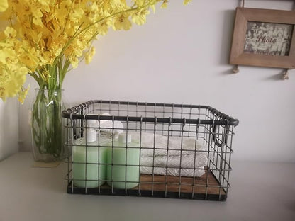 16" Wide Rectangular Sturdy Hand Welded Farmhouse Metal Wire Basket with Rustic Wooden Bottom For Shelves, Closet Storage Bins for Shelves. Also For Laundry, Towel, Spice Rack, Tool Box (16"x12")