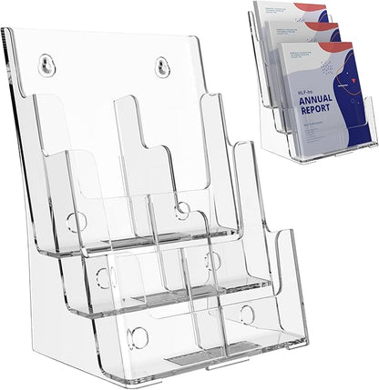 Brochure Holder 8.5x11 Inch 3 Tier with Removable Divider for 4x9 inch Clear Acrylic Pamphlet Display Stand Holder Countertop Use or Wall Mount for Office, Lobby, Hotel, Trade Show, 1 Pack