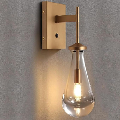HuisMier Raindrop Wall Sconces, Brushed Brass Glass Wall Sconce with On Off Switch, Modern Wall Light Fixtures Bathroom Wall Lamp for Bedroom Living Room Vanity Hallway