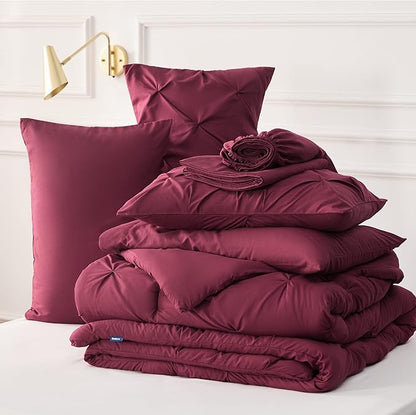 Bedsure Twin Comforter Set Burgundy - Bed in a Bag Twin Size Bedding 5 Pieces, GentleSoft™ Pintuck Bed Set Gift for Family, Pinch Pleat Burgundy Comforter with Sheets, Pillowcase & Sham