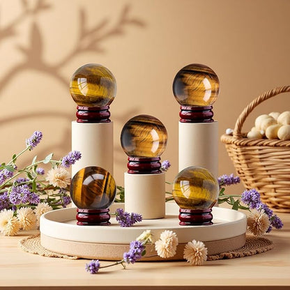 Natural Clear Quartz Crystal Sphere with Stand，5PC Real Crystals Ball, Clear Quartz Small Ball Decor (Tiger Eye Ball)