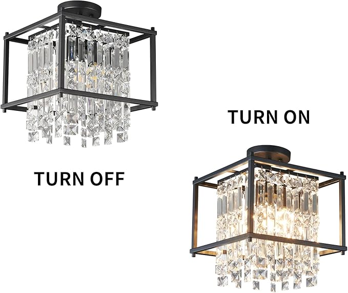LMQNINE Modern Foyer Chandelier, Black Crystal Chandelier Entryway Light Fixture, Square Adjustable Height Chandeliers for Kitchen Island, L11.81'' x H7.87''
