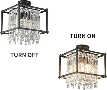 LMQNINE Modern Foyer Chandelier, Black Crystal Chandelier Entryway Light Fixture, Square Adjustable Height Chandeliers for Kitchen Island, L11.81'' x H7.87''