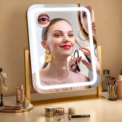 Gold Vanity Mirror with Lights 15"×13", Led Makeup Mirror, Lighted Makeup Mirror with 3 Color Dimmable Lights, Smart Touch Screen Control, 360°Rotation