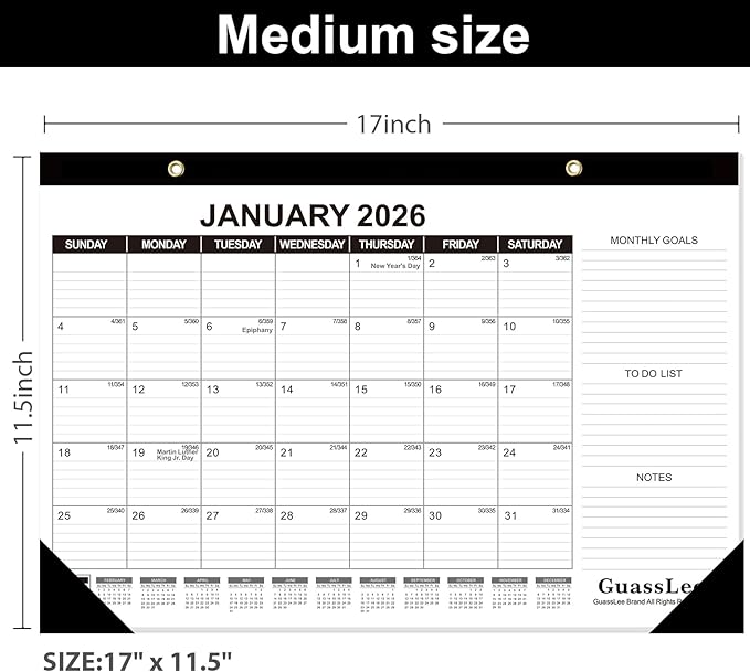 GuassLee Desk Calendar 2026-2027 - 18 Months Calendar 17" × 11.5" Desk Calendar from Jan. 2026 to Jun. 2027 with Julian Date, Monthly Goals, To-do List, Notes for Home School Office