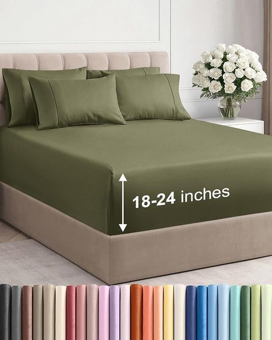 Extra Deep Full Sheet Set - 6 Piece Breathable & Cooling Sheets - Hotel Luxury Bed Sheets Set - Easy & Secure Fit - Soft, Wrinkle Free & Comfy Sheets Set - Sage Green Sheet Set with Extra Deep Pockets